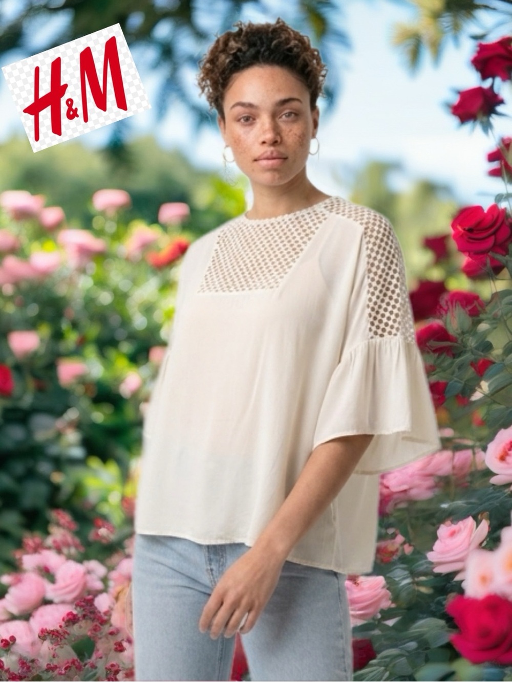 H&M White Lace Yoke Flutter Sleeve Top